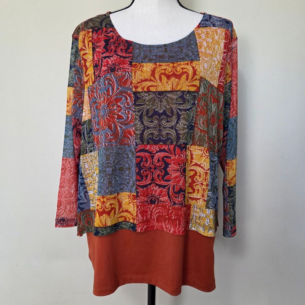 Multiples XL Pullover Layered 3/4 Sleeve Patchwork Scoop Neck Top Blouse